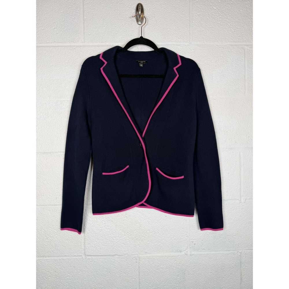 Talbots Petites SP Navy Blue Hot Pink Trim Cotton Knit Blazer Cardigan
